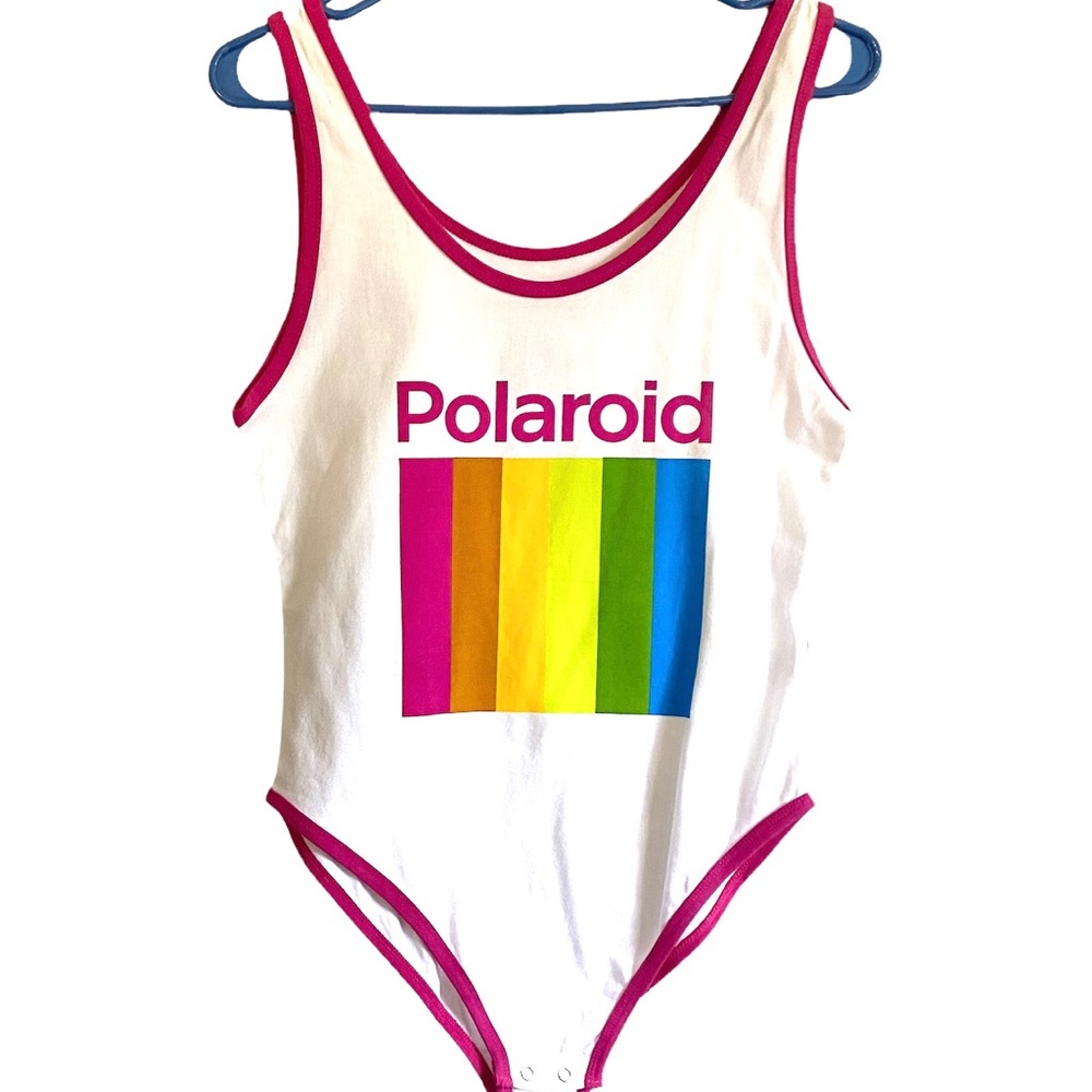 Polaroid NWT Tank Top Body Suit Sz M White with Pink Trim Snap Crotch